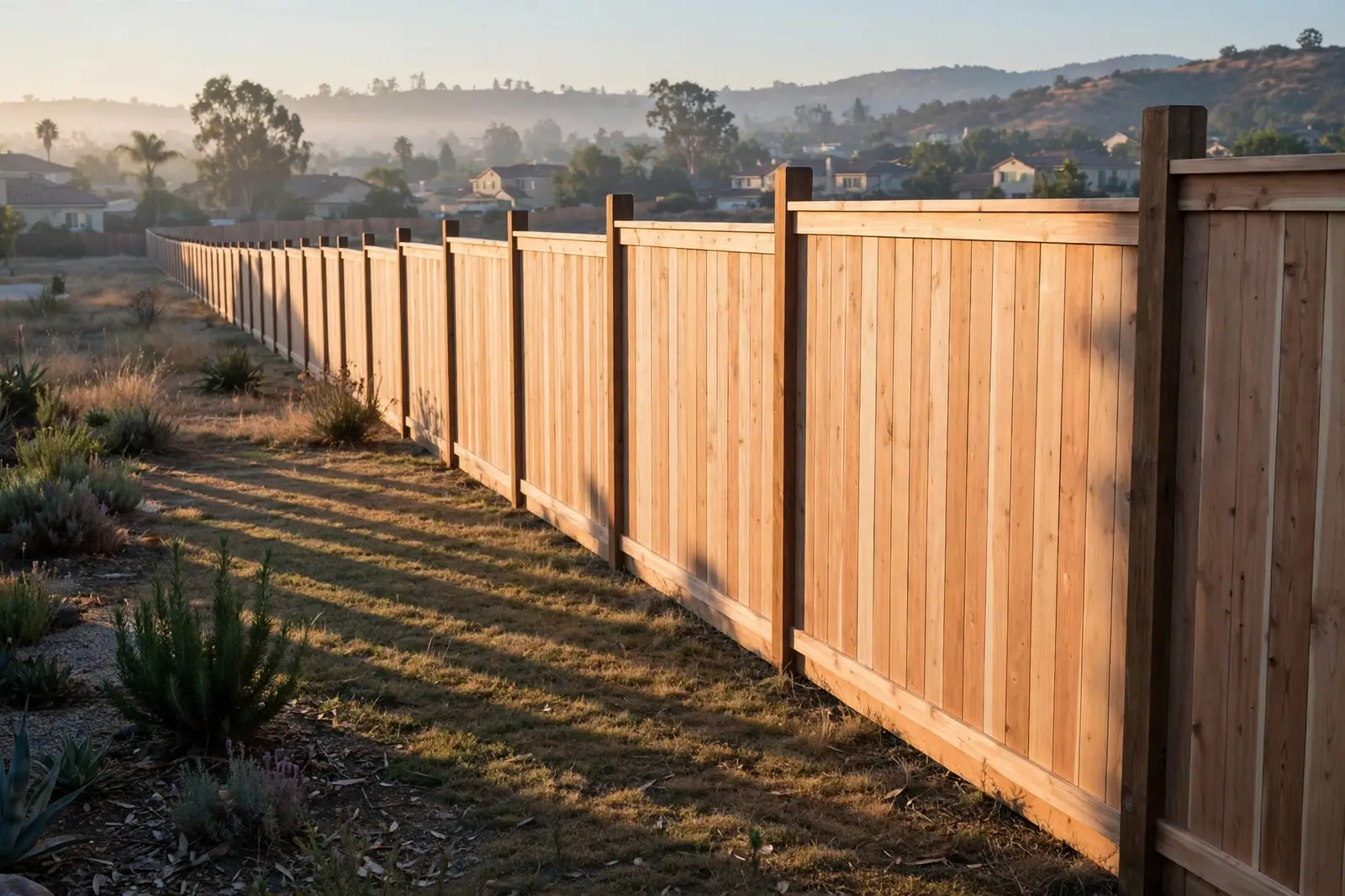 A new wooden privacy fence running straight into the distance at dawn