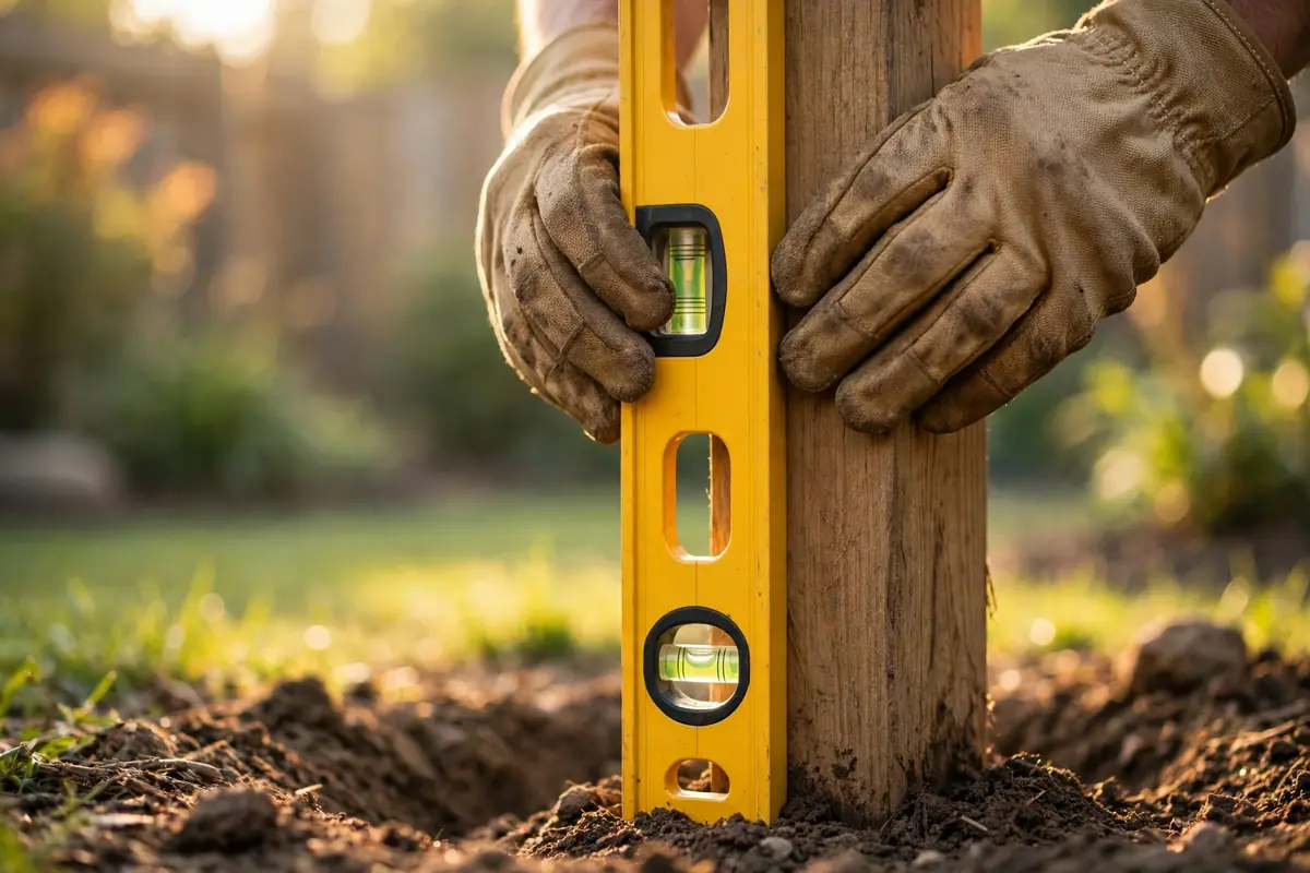 Work gloves holding a spirit level against a new wooden fence post