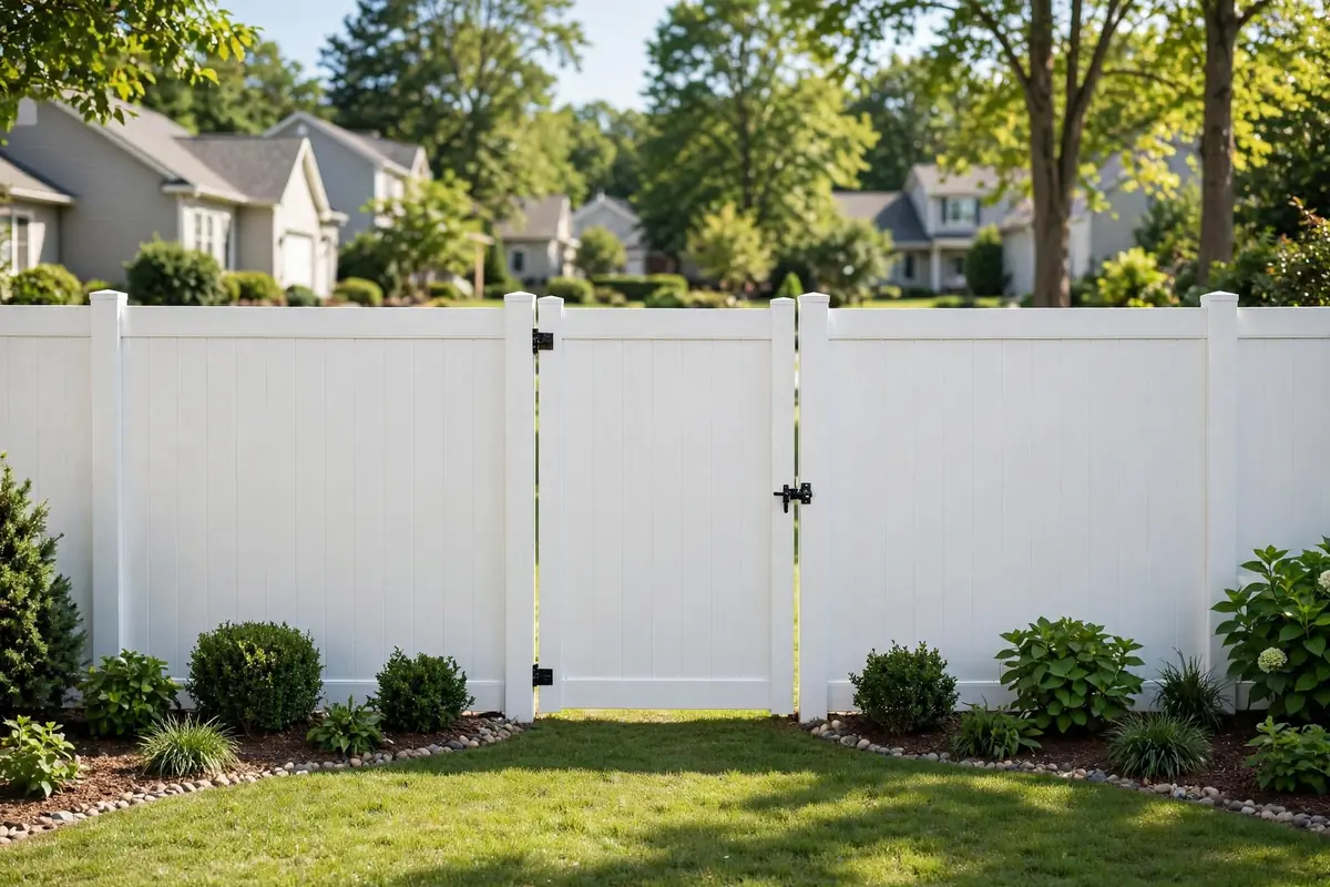 A clean white vinyl privacy fence with a matching entry gate